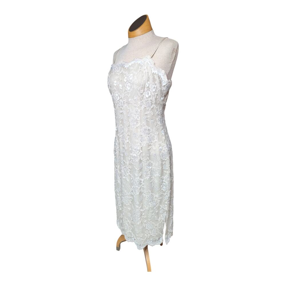 Vtg 1990s Alyn Paige Beige Floral Lace Spaghetti Strap Bodycon Mini Dress 11 12